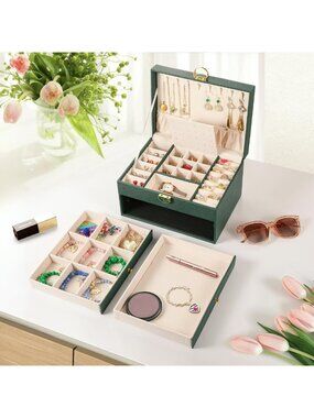 3 Layer Velvet Jewelry Box Organizer with 2 Drawers, Lockable Earring Holder